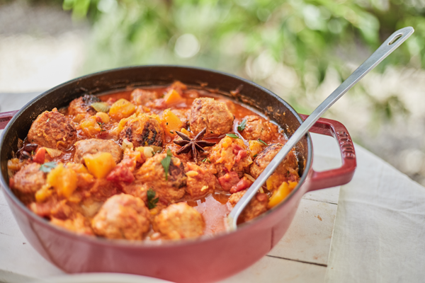 Moroccan Spiced Iberian Pork meatballs  with pumpkin & chick peas · Serves 2
