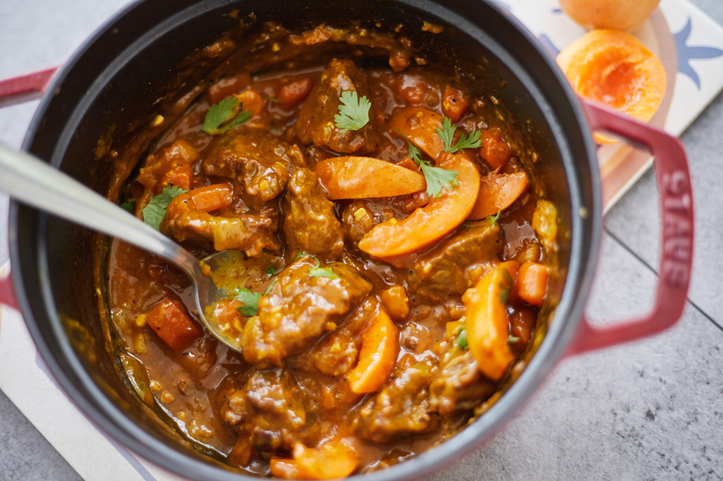 Mediterranean spiced lamb stew with apricots and coriander · Serves 2