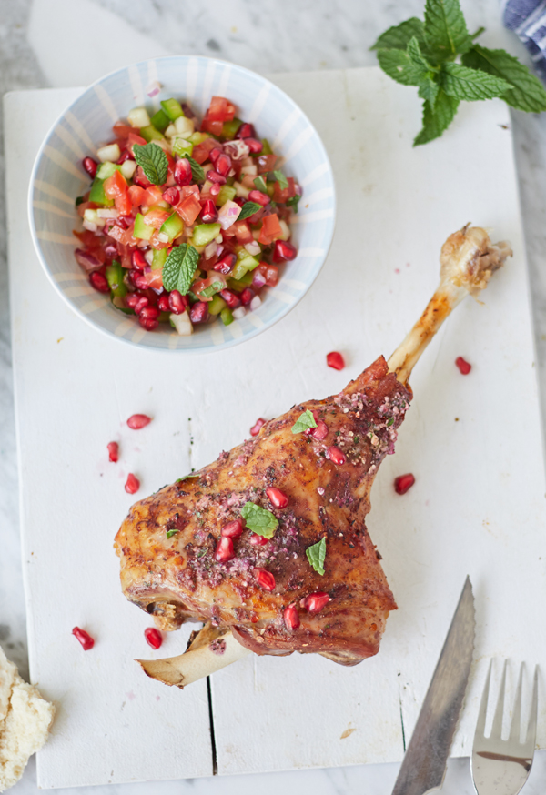 Slow cooked leg of local lamb marinated with pomegranate · Serves 2