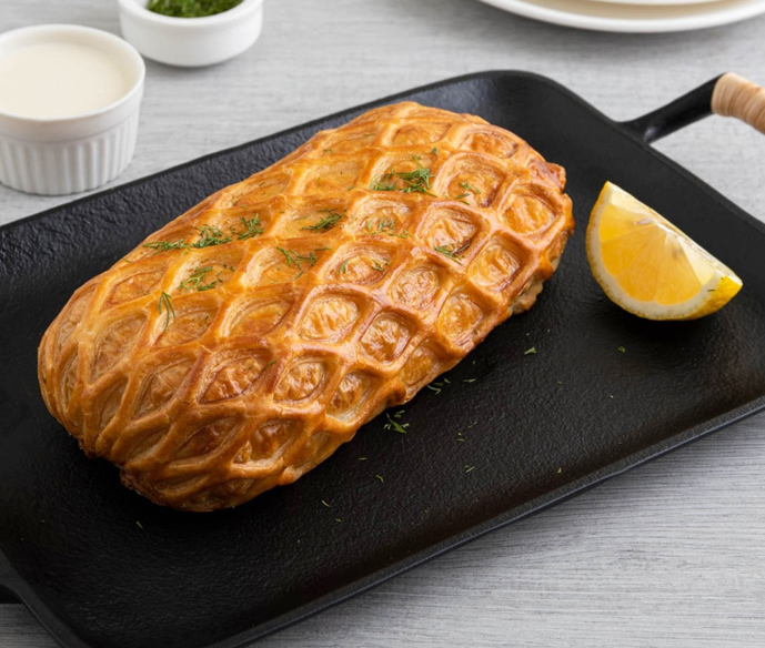 Salmon Wellington with Lemon & chive butter sauce ·  Serves 2